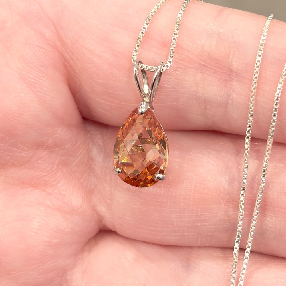 14K Citrine Teardrop Pendant, White Gold, Rose Pear Cut, Yellow Orange Cognac - Picture 10 of 16